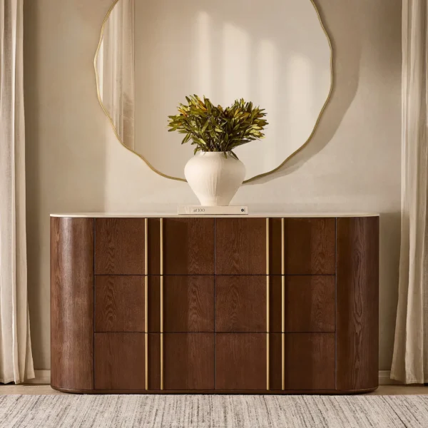 Sir Lionell Gliding White Sintered Stone Dresser - Amber Brown Wooden Leg